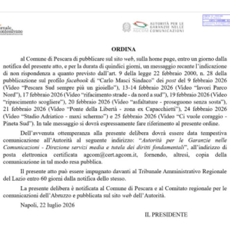 Pescara/Elezioni, delibera Agcom sanzione solo per alcuni contenuti sul profilo del Sindaco