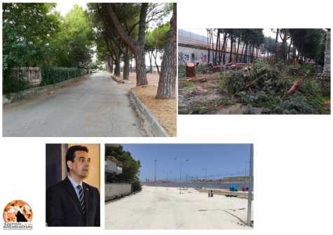 nella foto l'ex sindaco Maragno, la via come era prima e successivamente senza alberi