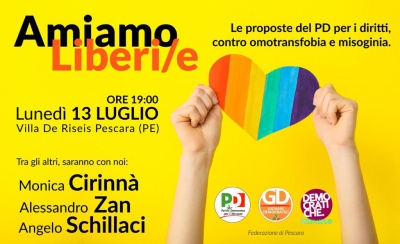 Amiamo Liberi/e: a Pescara Alessandro Zan, Monica Cirinnà, Angelo Schillaci.