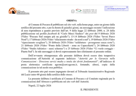 Pescara/Elezioni, delibera Agcom sanzione solo per alcuni contenuti sul profilo del Sindaco