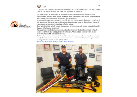 Scherzi di Halloween, 3 diciottenni mascherati con fucili e katane davanti una scuola di Montesilvano.