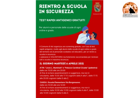 Atri/scuola. Covid 19, oggi test rapidi agli studenti