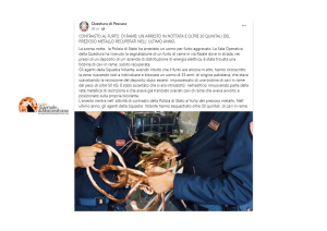 Pescara, uomo beccato a rubare oltre 50 KG di rame.