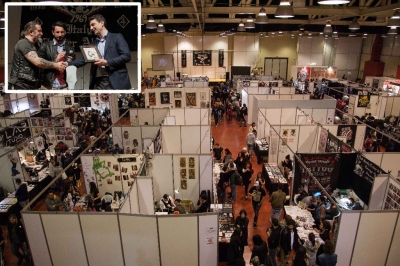 Nel riquadro tatuatore insieme al sindaco Maragno di Montesilvano e pres. commissione cultura Pompei