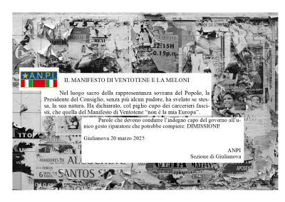 Manifesto Ventotene/Meloni. ANPI Giulianova chiede le dimissioni del Presidente del Consiglio.