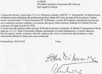 Montesilvano/IIS Alessandrini. Insegnante sospesa, firme colleghi a sostegno